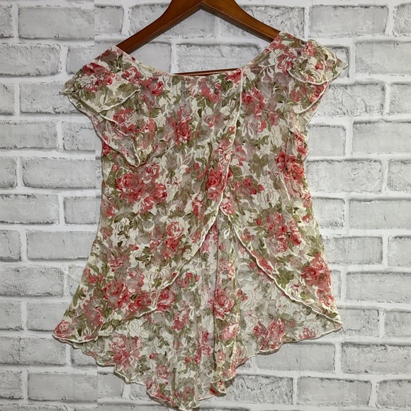 Rue21 Pink and Green Floral Blouse, sheer open back size small - Picture 5 of 6
